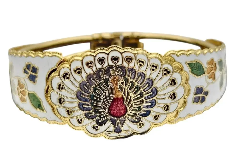 Vtg Cloisonne Peacock Bird White Multi Color Cuff Spring Bracelet